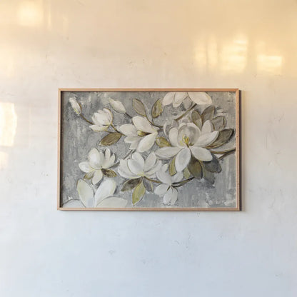 Magnolia Simplicity Neutral Gray by Silvia Vassileva. shown as a paper print in a natural frame. Available as a archival giclee rolled canvas, fine art paper, or poster print. SKU 30331i.