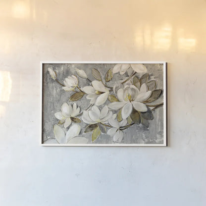 Magnolia Simplicity Neutral Gray by Silvia Vassileva. shown as a paper print in a white frame. Available as a archival giclee rolled canvas, fine art paper, or poster print. SKU 30331i.
