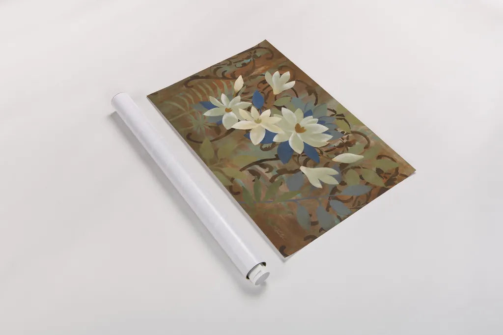 Magnolias by the Fence by Silvia Vassileva. shown as a rolled paper print. Available as archival giclee rolled canvas, fine art paper, or poster print. SKU 60328i.