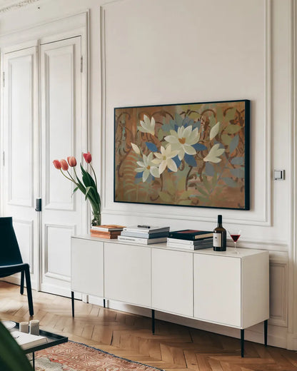 Magnolias by the Fence by Silvia Vassileva. shown as a framed stretched canvas in a living room above a console. Available as a archival giclee rolled canvas, fine art paper, or poster print. SKU 60328i.