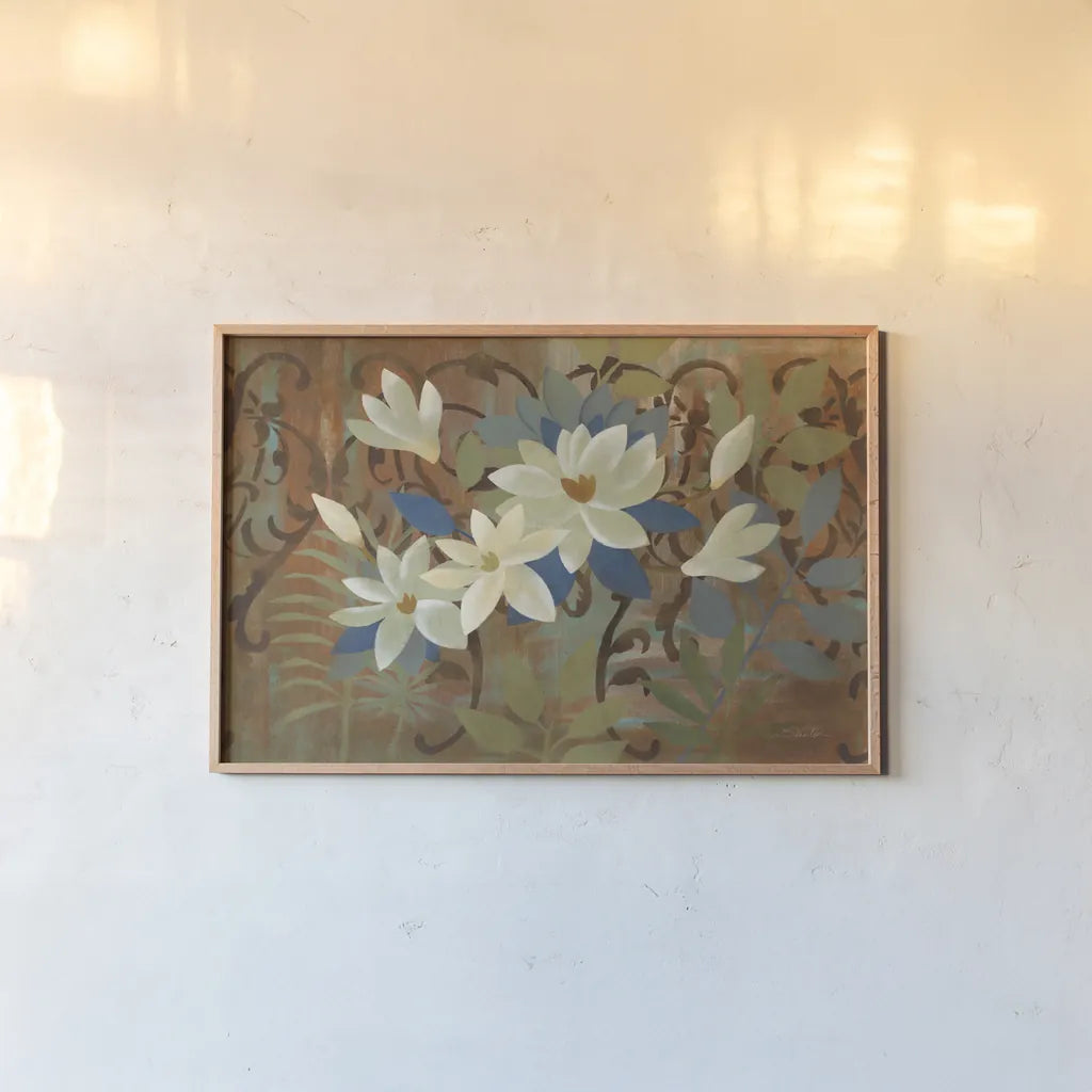 Magnolias by the Fence by Silvia Vassileva. shown as a paper print in a natural frame. Available as a archival giclee rolled canvas, fine art paper, or poster print. SKU 60328i.