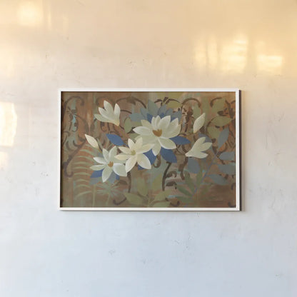 Magnolias by the Fence by Silvia Vassileva. shown as a paper print in a white frame. Available as a archival giclee rolled canvas, fine art paper, or poster print. SKU 60328i.