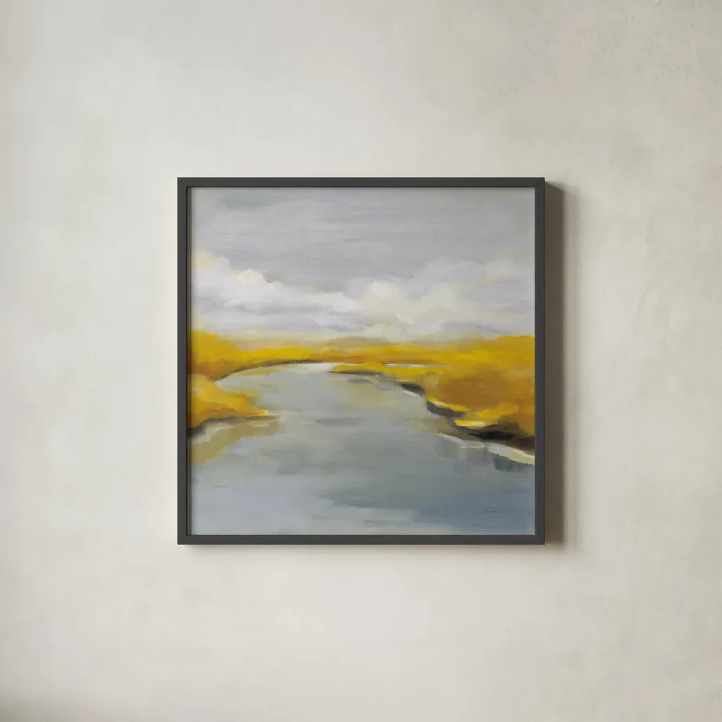 Maine Fall River by Silvia Vassileva. Shown in a sleek black glass frame for a contemporary gallery look. Available as an archival giclee rolled canvas, fine art paper, or poster print. SKU 67429a.