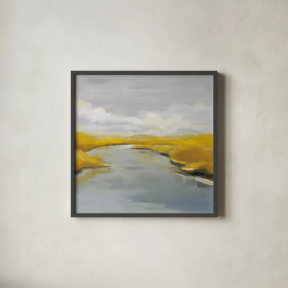 Maine Fall River by Silvia Vassileva. Shown in a sleek black glass frame for a contemporary gallery look. Available as an archival giclee rolled canvas, fine art paper, or poster print. SKU 67429a.