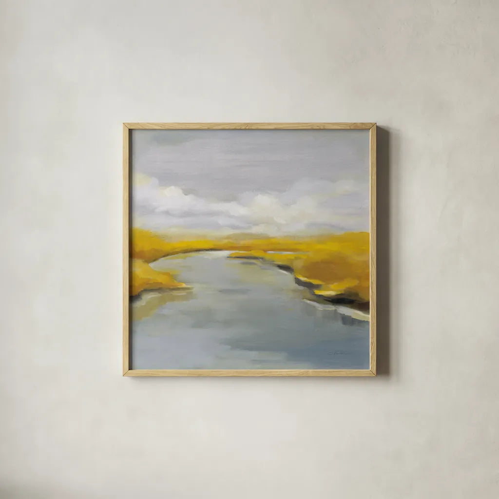 Maine Fall River by Silvia Vassileva. Shown in a natural wood glass frame for a timeless modern aesthetic. Available as an archival giclee rolled canvas, fine art paper, or poster print. SKU 67429a.