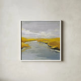 Maine Fall River by Silvia Vassileva. Shown in a crisp white glass frame for a clean and minimalist style. Available as an archival giclee rolled canvas, fine art paper, or poster print. SKU 67429a.