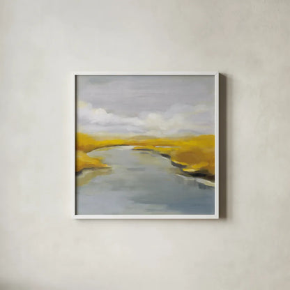 Maine Fall River by Silvia Vassileva. Shown in a crisp white glass frame for a clean and minimalist style. Available as an archival giclee rolled canvas, fine art paper, or poster print. SKU 67429a.