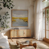 Maine Fall River by Silvia Vassileva. Shown in a natural wood frame in a cozy modern living room. Available as an archival giclee rolled canvas, fine art paper, or poster print. SKU 67429a.