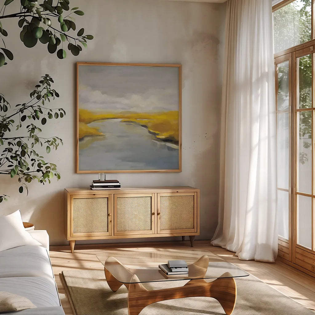 Maine Fall River by Silvia Vassileva. Shown in a natural wood frame in a cozy modern living room. Available as an archival giclee rolled canvas, fine art paper, or poster print. SKU 67429a.