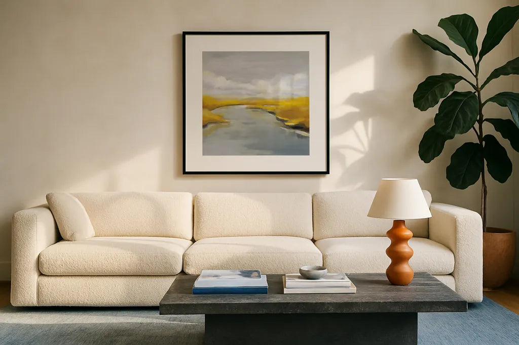 Maine Fall River by Silvia Vassileva. Displayed in a glass frame with matte in a clean modern living room. Available as an archival giclee rolled canvas, fine art paper, or poster print. SKU 67429a.