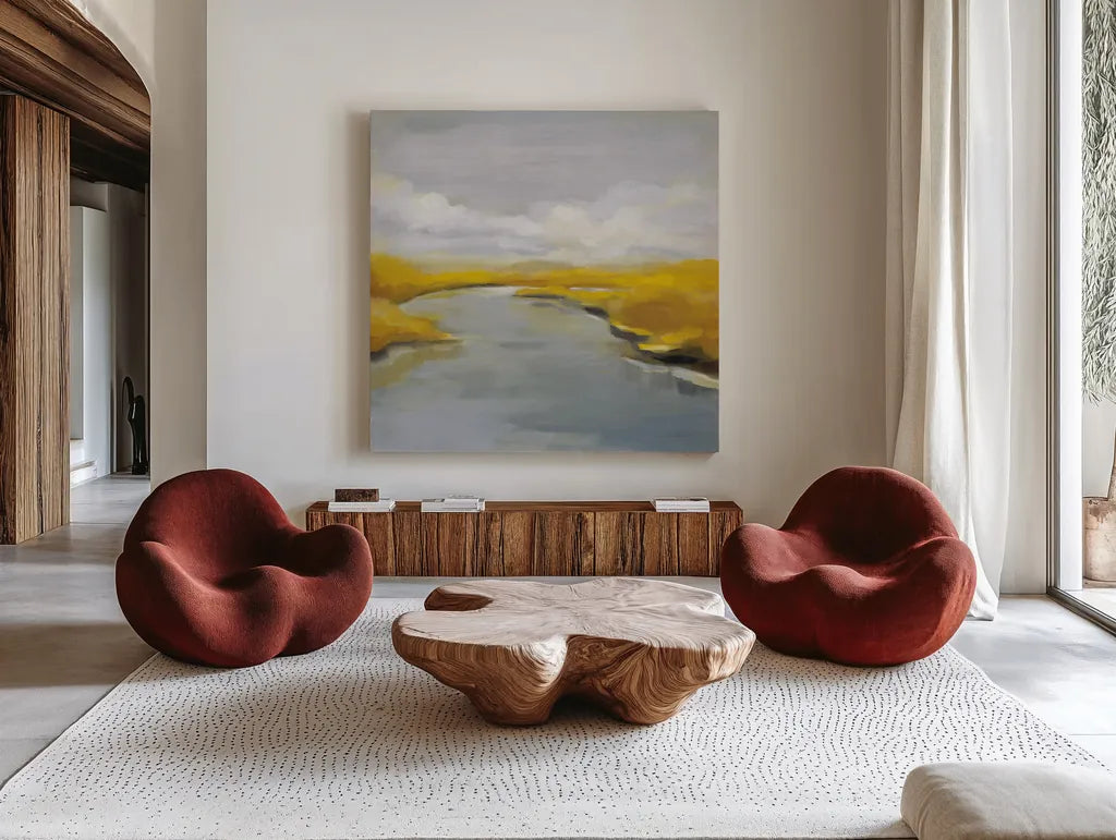Maine Fall River by Silvia Vassileva. Shown as extra-large giant wall art in a modern living room. Available as an archival giclee rolled canvas, fine art paper, or poster print. SKU 67429a.