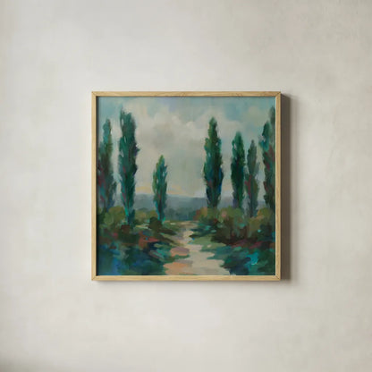 Majestic Poplars by Silvia Vassileva. Shown in a natural wood glass frame for a timeless modern aesthetic. Available as an archival giclee rolled canvas, fine art paper, or poster print. SKU 95137a.