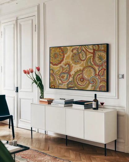 Mandala and Paisley by Silvia Vassileva. shown as a framed stretched canvas in a living room above a console. Available as a archival giclee rolled canvas, fine art paper, or poster print. SKU 23759i.