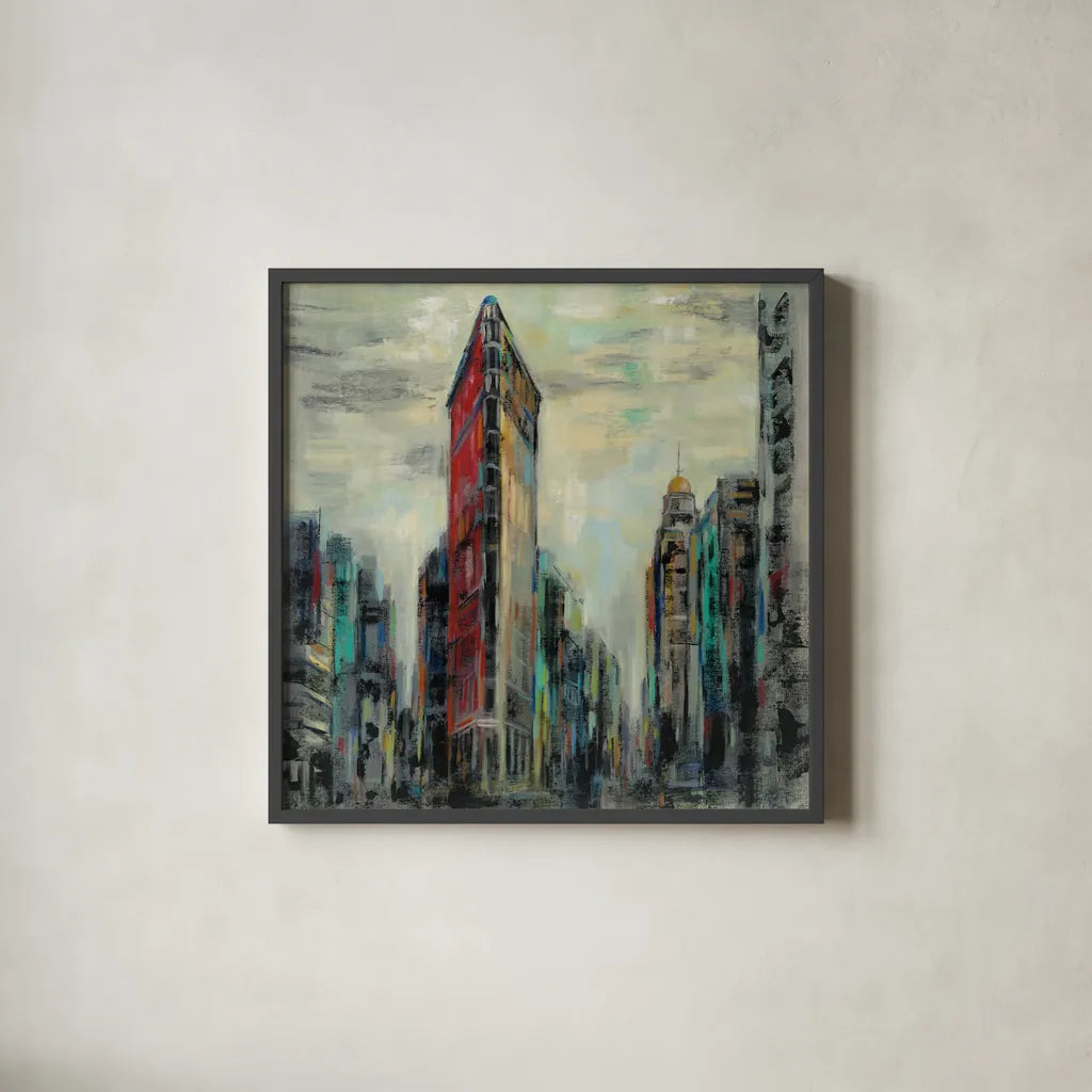 Manhattan Flatiron Building by Silvia Vassileva. Shown in a sleek black glass frame for a contemporary gallery look. Available as an archival giclee rolled canvas, fine art paper, or poster print. SKU 54377a.