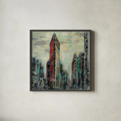 Manhattan Flatiron Building by Silvia Vassileva. Shown in a sleek black glass frame for a contemporary gallery look. Available as an archival giclee rolled canvas, fine art paper, or poster print. SKU 54377a.
