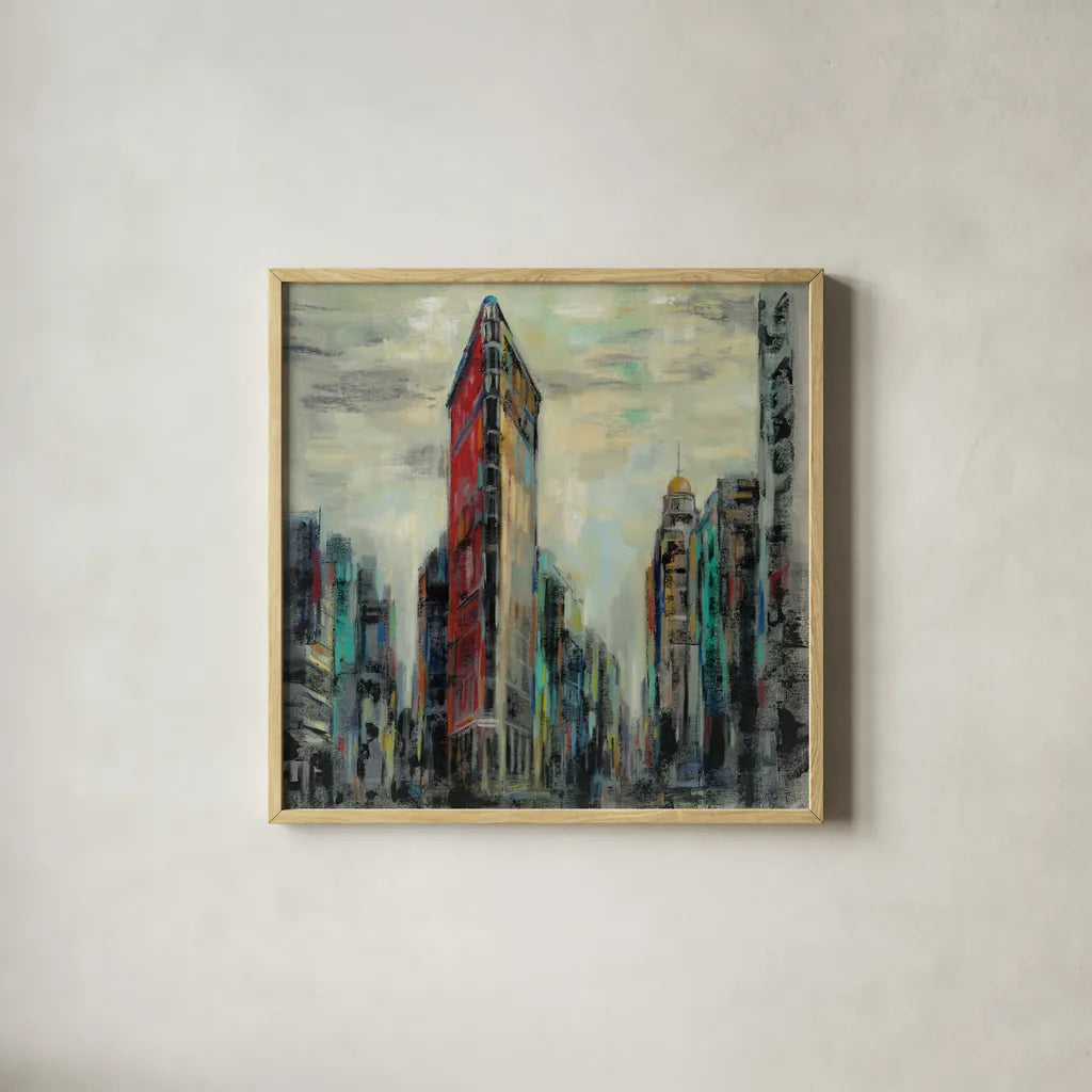 Manhattan Flatiron Building by Silvia Vassileva. Shown in a natural wood glass frame for a timeless modern aesthetic. Available as an archival giclee rolled canvas, fine art paper, or poster print. SKU 54377a.