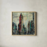 Manhattan Flatiron Building by Silvia Vassileva. Shown in a natural wood glass frame for a timeless modern aesthetic. Available as an archival giclee rolled canvas, fine art paper, or poster print. SKU 54377a.