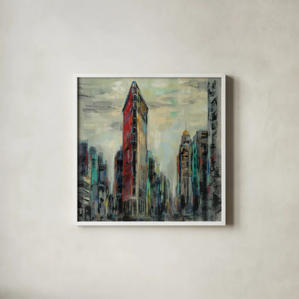 Manhattan Flatiron Building by Silvia Vassileva. Shown in a crisp white glass frame for a clean and minimalist style. Available as an archival giclee rolled canvas, fine art paper, or poster print. SKU 54377a.