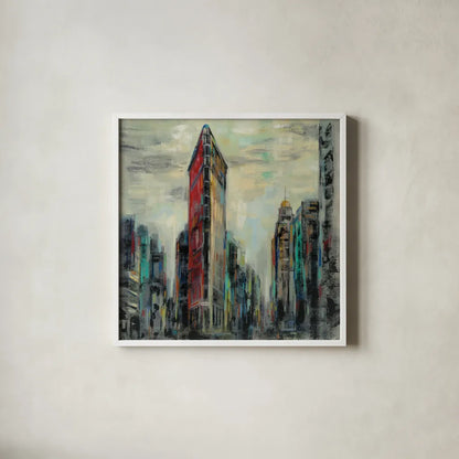 Manhattan Flatiron Building by Silvia Vassileva. Shown in a crisp white glass frame for a clean and minimalist style. Available as an archival giclee rolled canvas, fine art paper, or poster print. SKU 54377a.