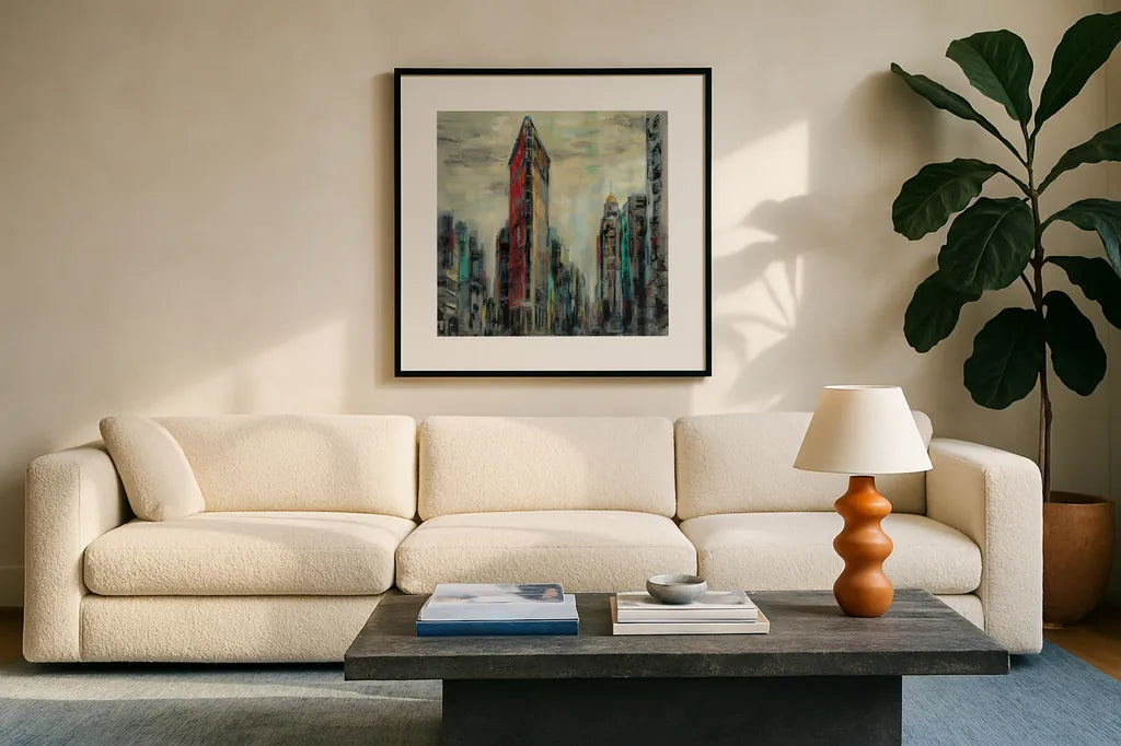 Manhattan Flatiron Building by Silvia Vassileva. Displayed in a glass frame with matte in a clean modern living room. Available as an archival giclee rolled canvas, fine art paper, or poster print. SKU 54377a.