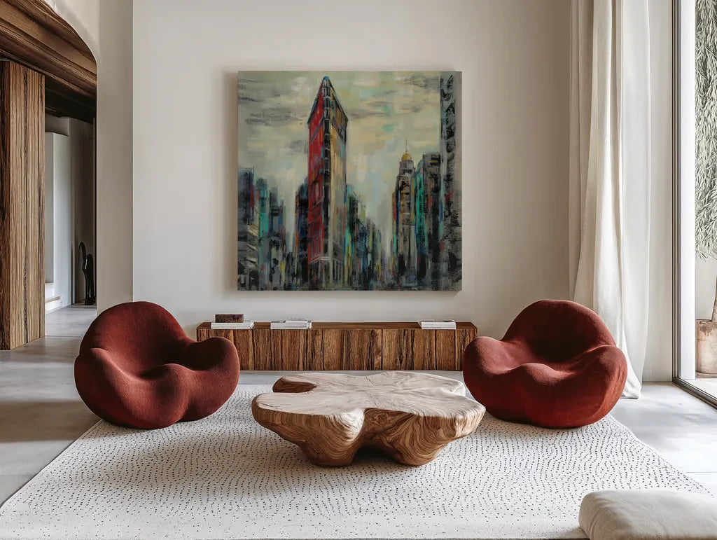 Manhattan Flatiron Building by Silvia Vassileva. Shown as extra-large giant wall art in a modern living room. Available as an archival giclee rolled canvas, fine art paper, or poster print. SKU 54377a.