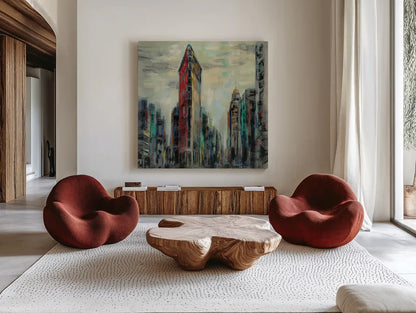 Manhattan Flatiron Building by Silvia Vassileva. Shown as extra-large giant wall art in a modern living room. Available as an archival giclee rolled canvas, fine art paper, or poster print. SKU 54377a.