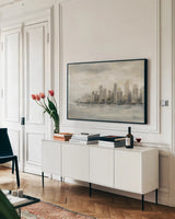 Manhattan Low Clouds by Silvia Vassileva. shown as a framed stretched canvas in a living room above a console. Available as a archival giclee rolled canvas, fine art paper, or poster print. SKU 49262i.