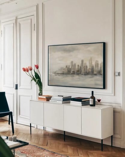 Manhattan Low Clouds by Silvia Vassileva. shown as a framed stretched canvas in a living room above a console. Available as a archival giclee rolled canvas, fine art paper, or poster print. SKU 49262i.