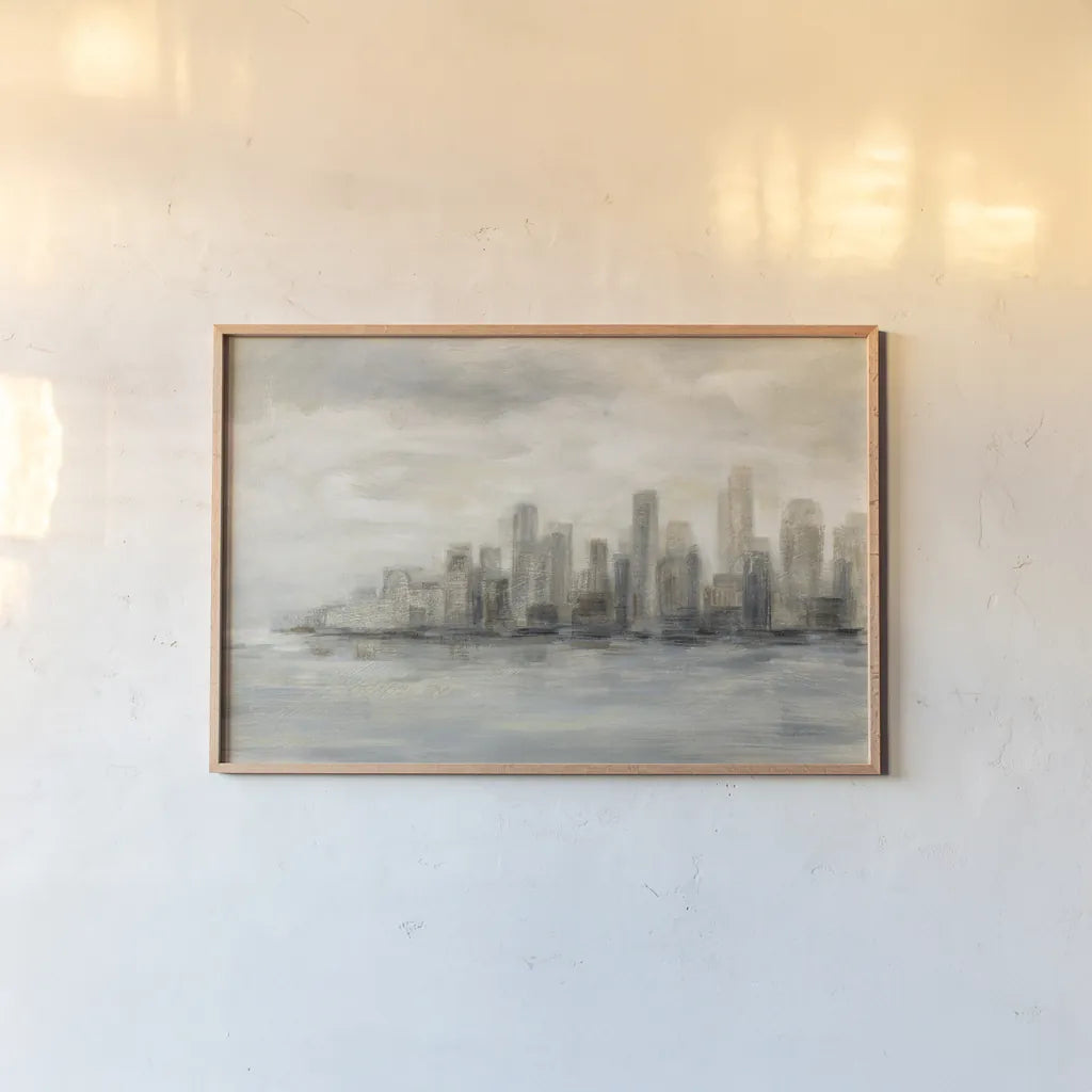 Manhattan Low Clouds by Silvia Vassileva. shown as a paper print in a natural frame. Available as a archival giclee rolled canvas, fine art paper, or poster print. SKU 49262i.