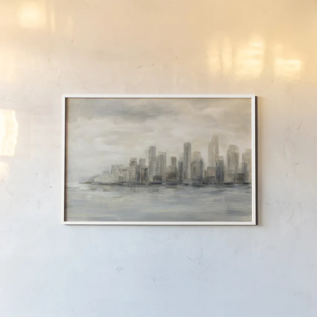 Manhattan Low Clouds by Silvia Vassileva. shown as a paper print in a white frame. Available as a archival giclee rolled canvas, fine art paper, or poster print. SKU 49262i.