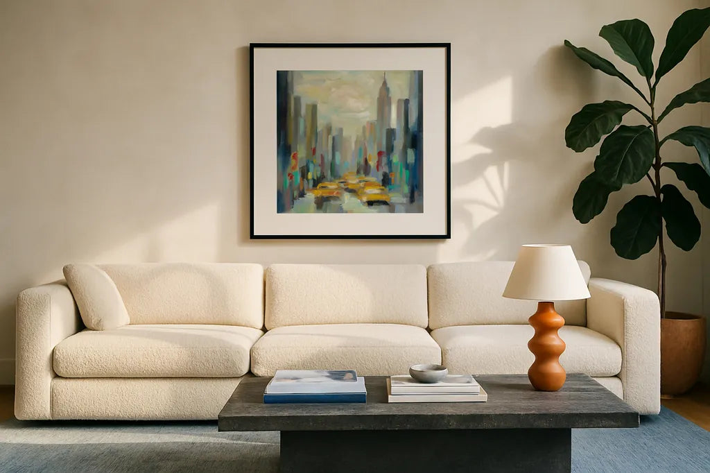 Manhattan Sketches II by Silvia Vassileva. Displayed in a glass frame with matte in a clean modern living room. Available as an archival giclee rolled canvas, fine art paper, or poster print. SKU 35823a.