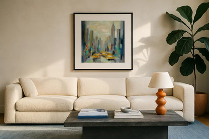 Manhattan Sketches II by Silvia Vassileva. Displayed in a glass frame with matte in a clean modern living room. Available as an archival giclee rolled canvas, fine art paper, or poster print. SKU 35823a.
