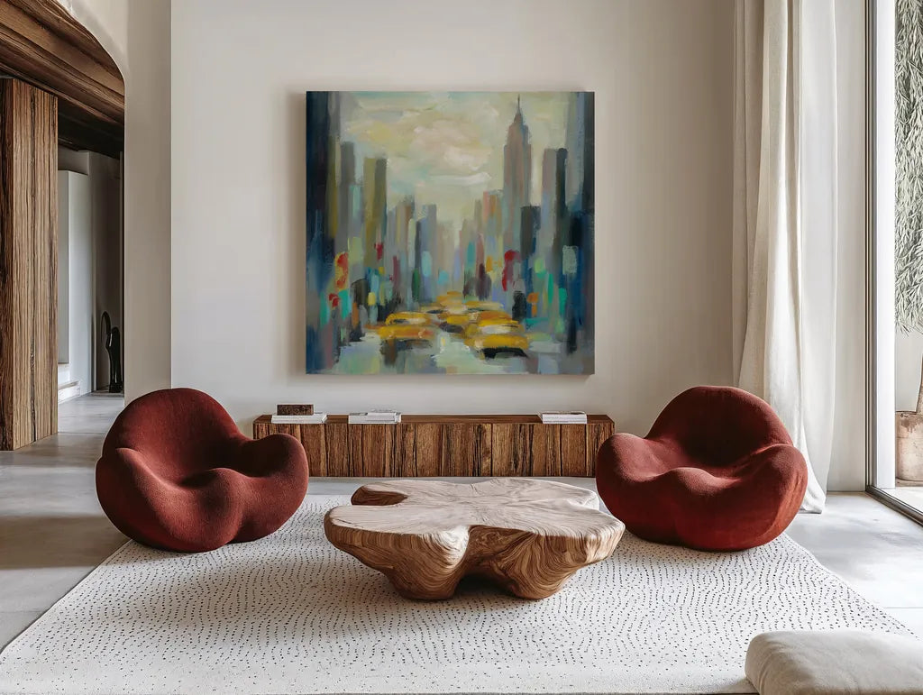 Manhattan Sketches II by Silvia Vassileva. Shown as extra-large giant wall art in a modern living room. Available as an archival giclee rolled canvas, fine art paper, or poster print. SKU 35823a.