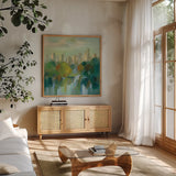 Manhattan Sketches IV by Silvia Vassileva. Shown in a natural wood frame in a cozy modern living room. Available as an archival giclee rolled canvas, fine art paper, or poster print. SKU 35825a.