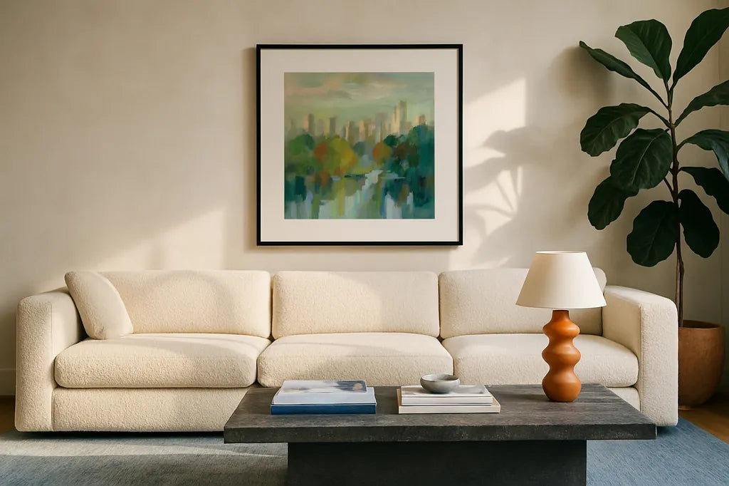 Manhattan Sketches IV by Silvia Vassileva. Displayed in a glass frame with matte in a clean modern living room. Available as an archival giclee rolled canvas, fine art paper, or poster print. SKU 35825a.