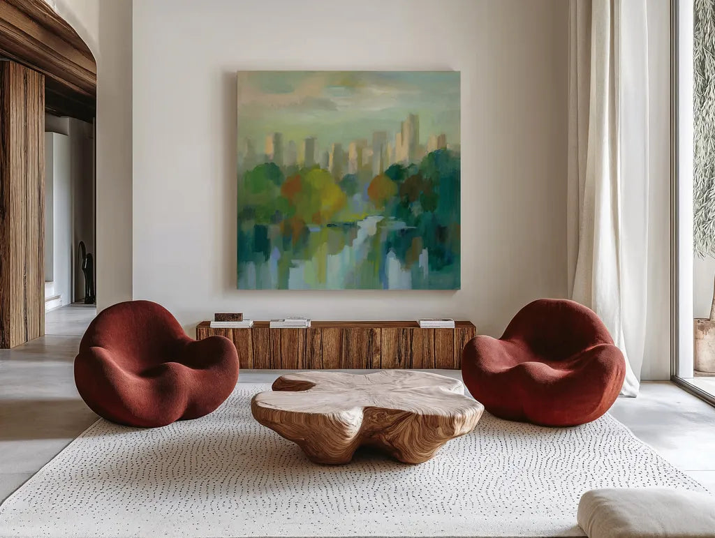 Manhattan Sketches IV by Silvia Vassileva. Shown as extra-large giant wall art in a modern living room. Available as an archival giclee rolled canvas, fine art paper, or poster print. SKU 35825a.