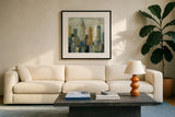 Manhattan Sketches VI by Silvia Vassileva. Displayed in a glass frame with matte in a clean modern living room. Available as an archival giclee rolled canvas, fine art paper, or poster print. SKU 35827a.