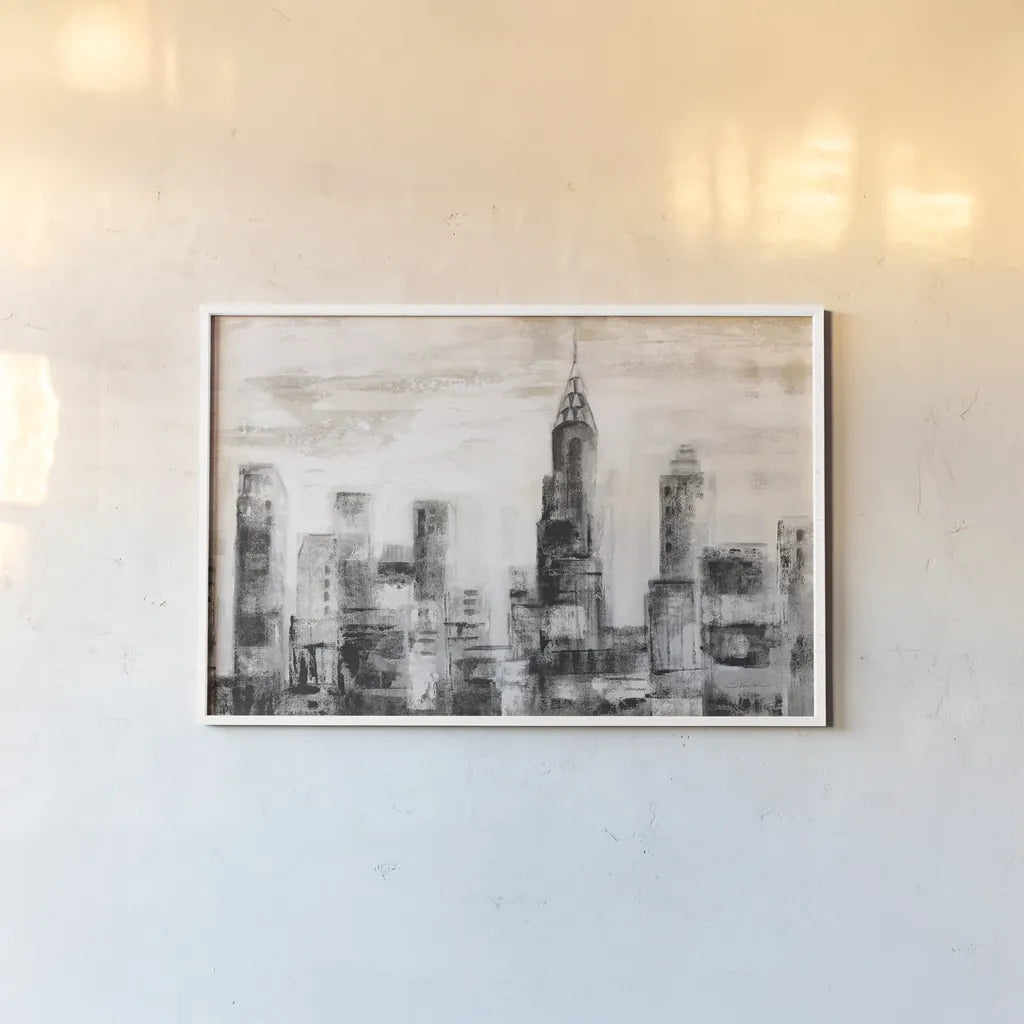 Manhattan Skyline BW Crop by Silvia Vassileva. shown as a paper print in a white frame. Available as a archival giclee rolled canvas, fine art paper, or poster print. SKU 67640i.