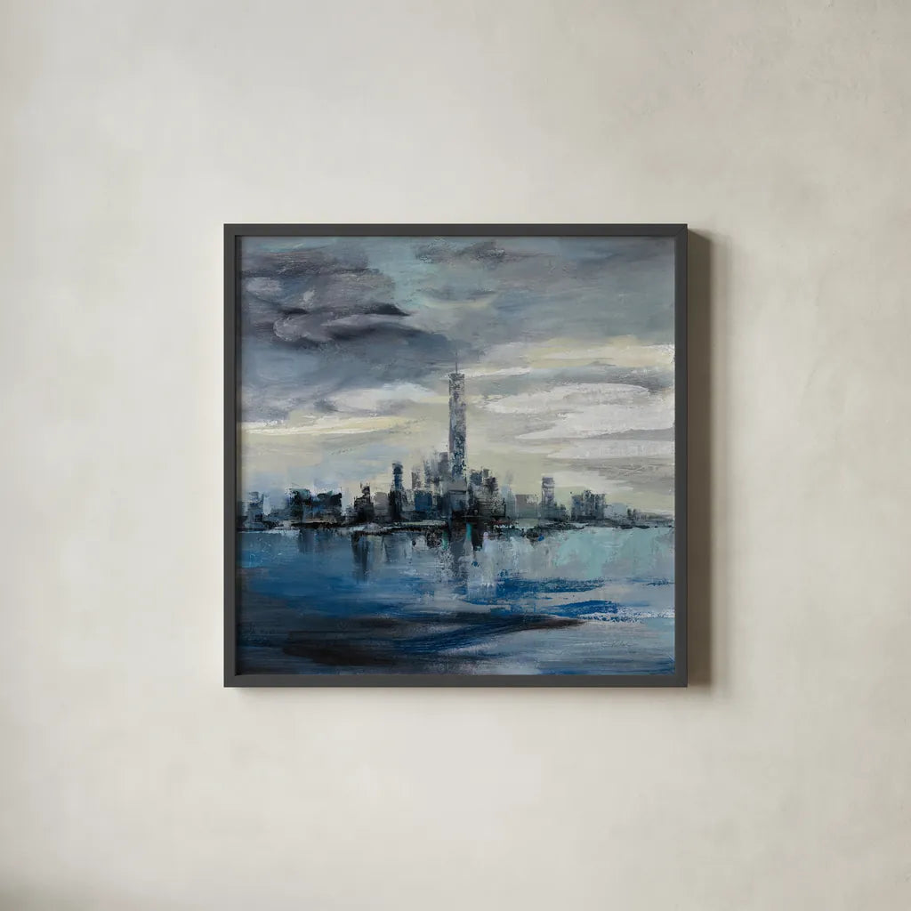 Manhattan Winter by Silvia Vassileva. Shown in a sleek black glass frame for a contemporary gallery look. Available as an archival giclee rolled canvas, fine art paper, or poster print. SKU 59956a.