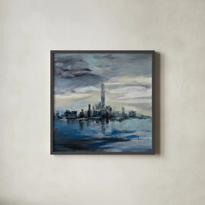 Manhattan Winter by Silvia Vassileva. Shown in a sleek black glass frame for a contemporary gallery look. Available as an archival giclee rolled canvas, fine art paper, or poster print. SKU 59956a.