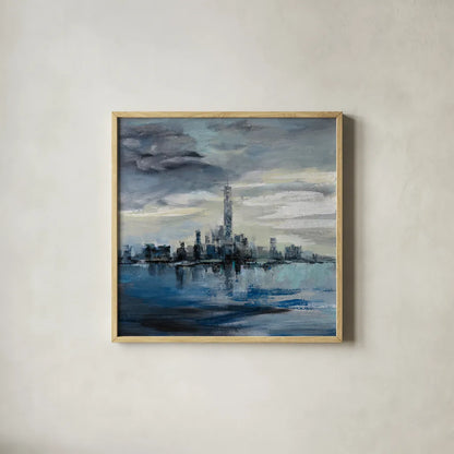 Manhattan Winter by Silvia Vassileva. Shown in a natural wood glass frame for a timeless modern aesthetic. Available as an archival giclee rolled canvas, fine art paper, or poster print. SKU 59956a.