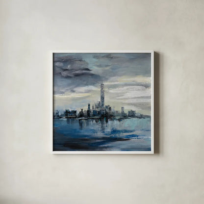 Manhattan Winter by Silvia Vassileva. Shown in a crisp white glass frame for a clean and minimalist style. Available as an archival giclee rolled canvas, fine art paper, or poster print. SKU 59956a.