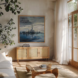 Manhattan Winter by Silvia Vassileva. Shown in a natural wood frame in a cozy modern living room. Available as an archival giclee rolled canvas, fine art paper, or poster print. SKU 59956a.