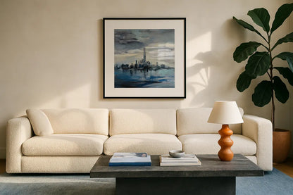 Manhattan Winter by Silvia Vassileva. Displayed in a glass frame with matte in a clean modern living room. Available as an archival giclee rolled canvas, fine art paper, or poster print. SKU 59956a.