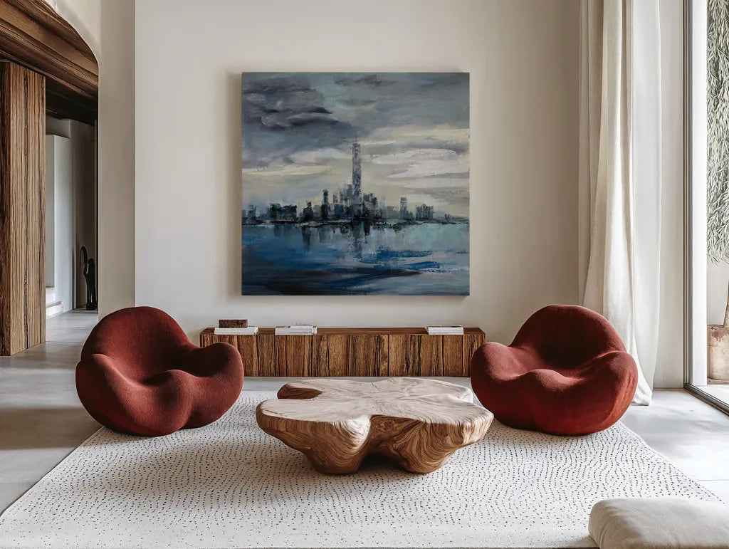 Manhattan Winter by Silvia Vassileva. Shown as extra-large giant wall art in a modern living room. Available as an archival giclee rolled canvas, fine art paper, or poster print. SKU 59956a.