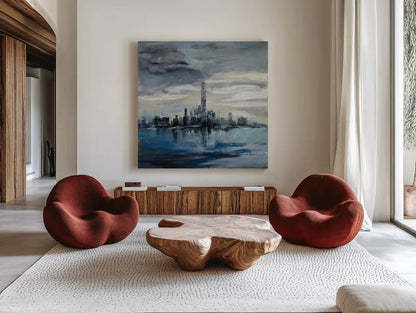 Manhattan Winter by Silvia Vassileva. Shown as extra-large giant wall art in a modern living room. Available as an archival giclee rolled canvas, fine art paper, or poster print. SKU 59956a.