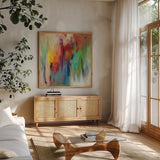 March Rainbow by Silvia Vassileva. Shown in a natural wood frame in a cozy modern living room. Available as an archival giclee rolled canvas, fine art paper, or poster print. SKU 53714a.
