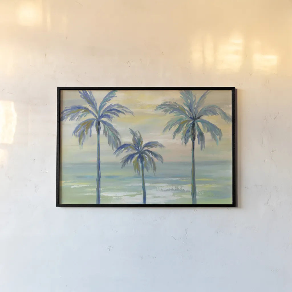 Marine Layer Palms by Silvia Vassileva. shown as a paper print in a black flame. Available as a archival giclee rolled canvas, fine art paper, or poster print. SKU 35834i.