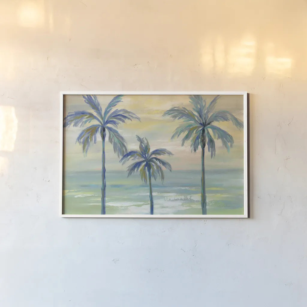 Marine Layer Palms by Silvia Vassileva. shown as a paper print in a white frame. Available as a archival giclee rolled canvas, fine art paper, or poster print. SKU 35834i.