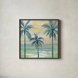 Marine Layer Palms Crop by Silvia Vassileva. Shown in a sleek black glass frame for a contemporary gallery look. Available as an archival giclee rolled canvas, fine art paper, or poster print. SKU 35834a.